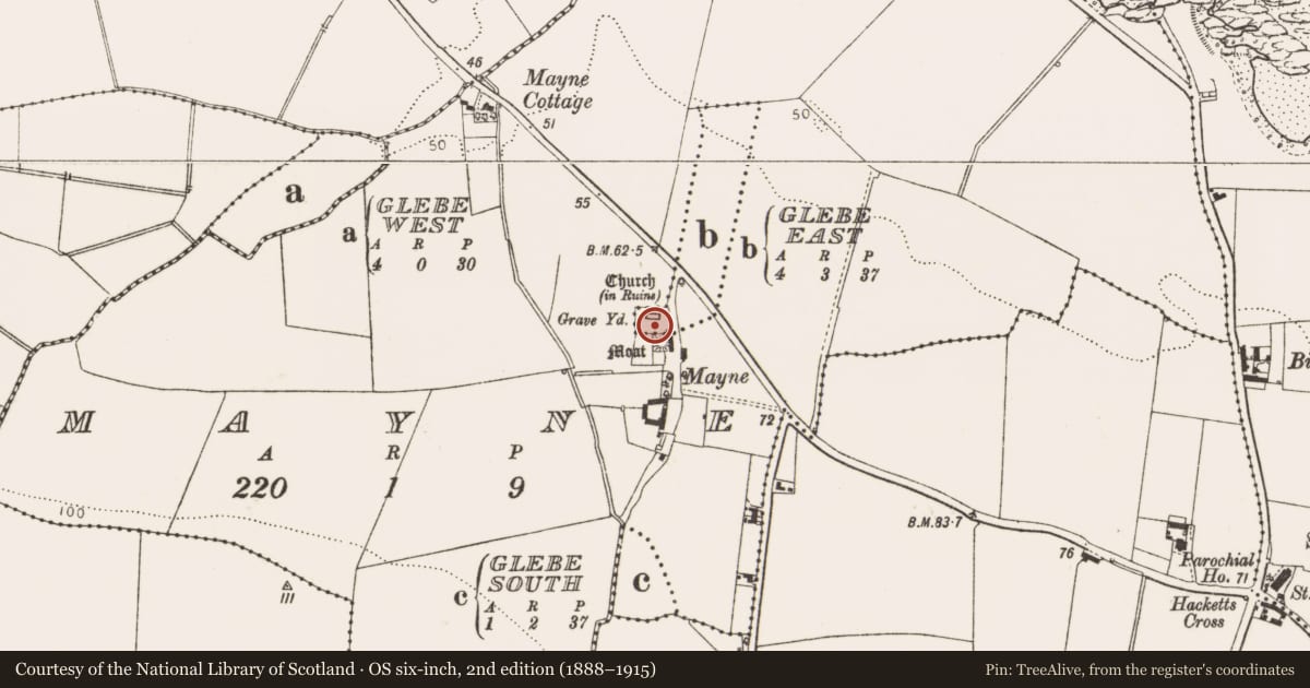 Ordnance Survey six-inch map, 2nd edition (1888–1915) covering the location of Church, Glebe East, County Louth, with a pin at the register's coordinates