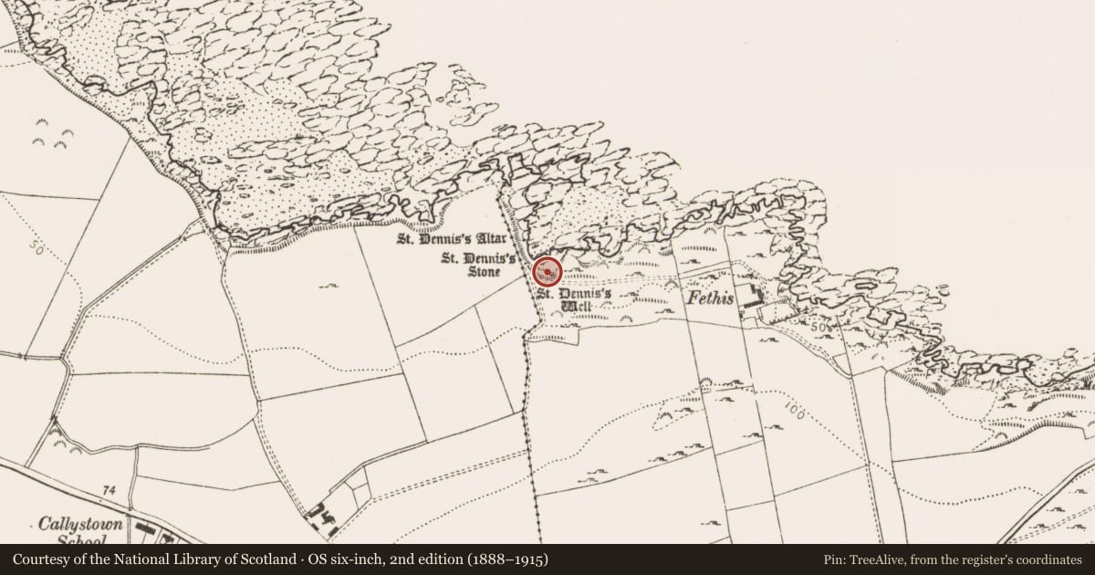 Ordnance Survey six-inch map, 2nd edition (1888–1915) covering the location of Ritual site - holy well, Clogher, County Louth, with a pin at the register's coordinates