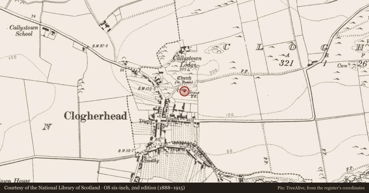 Ordnance Survey six-inch map, 2nd edition (1888–1915) covering the location of Church, Clogher, County Louth, with a pin at the register's coordinates