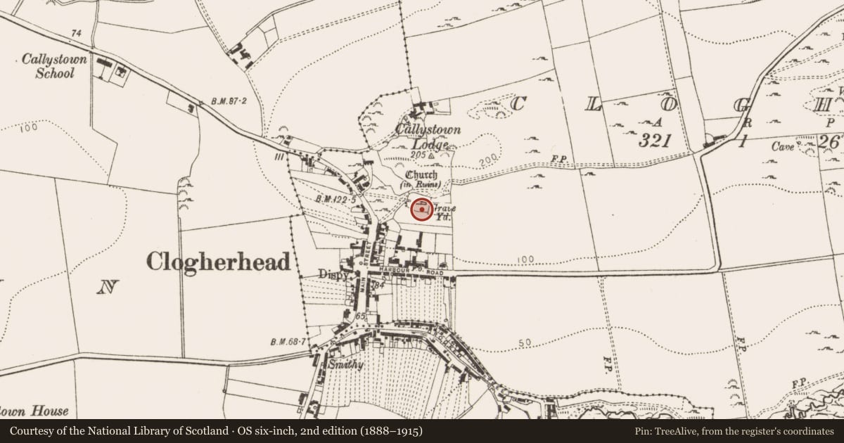Ordnance Survey six-inch map, 2nd edition (1888–1915) covering the location of Graveyard, Clogher, County Louth, with a pin at the register's coordinates