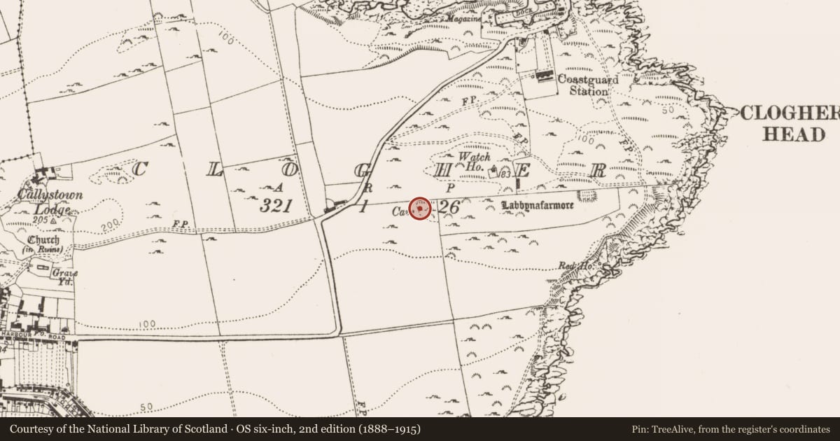 Ordnance Survey six-inch map, 2nd edition (1888–1915) covering the location of Souterrain, Clogher, County Louth, with a pin at the register's coordinates