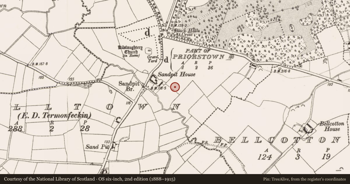 Ordnance Survey six-inch map, 2nd edition (1888–1915) covering the location of Souterrain, Milltown (Ferrard By., Termonfeckin Par.), County Louth, with a pin at the register's coordinates
