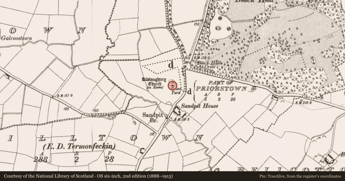 Ordnance Survey six-inch map, 2nd edition (1888–1915) covering the location of Graveyard, Milltown (Ferrard By., Termonfeckin Par.), County Louth, with a pin at the register's coordinates