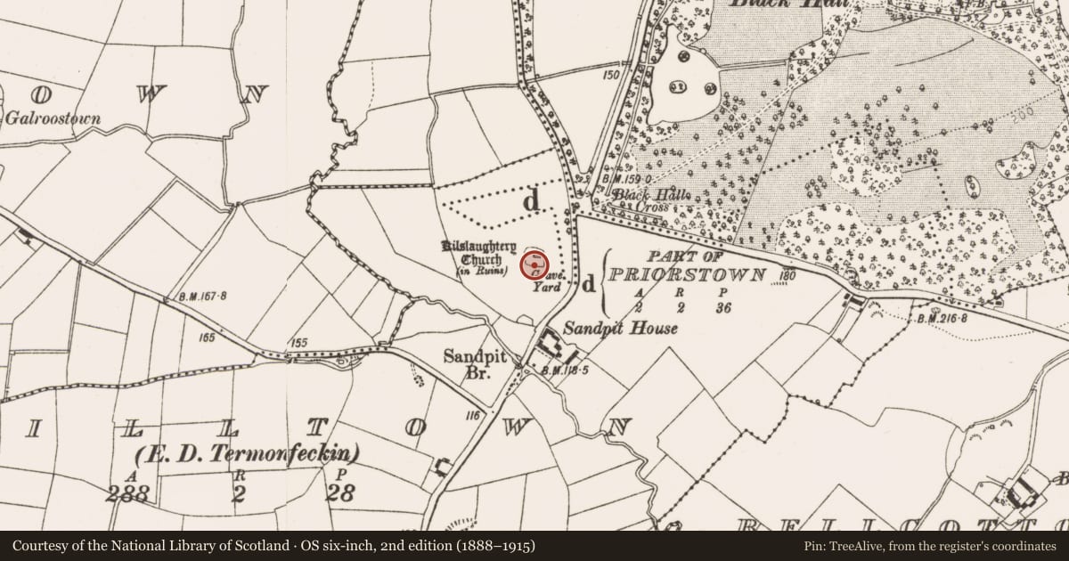 Ordnance Survey six-inch map, 2nd edition (1888–1915) covering the location of Children's burial ground, Milltown (Ferrard By., Termonfeckin Par.), County Louth, with a pin at the register's coordinates