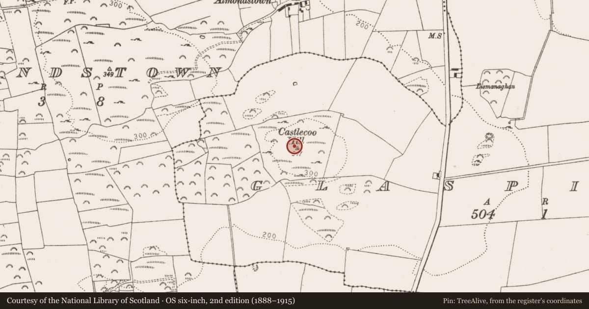 Ordnance Survey six-inch map, 2nd edition (1888–1915) covering the location of Enclosure, Glaspistol, County Louth, with a pin at the register's coordinates