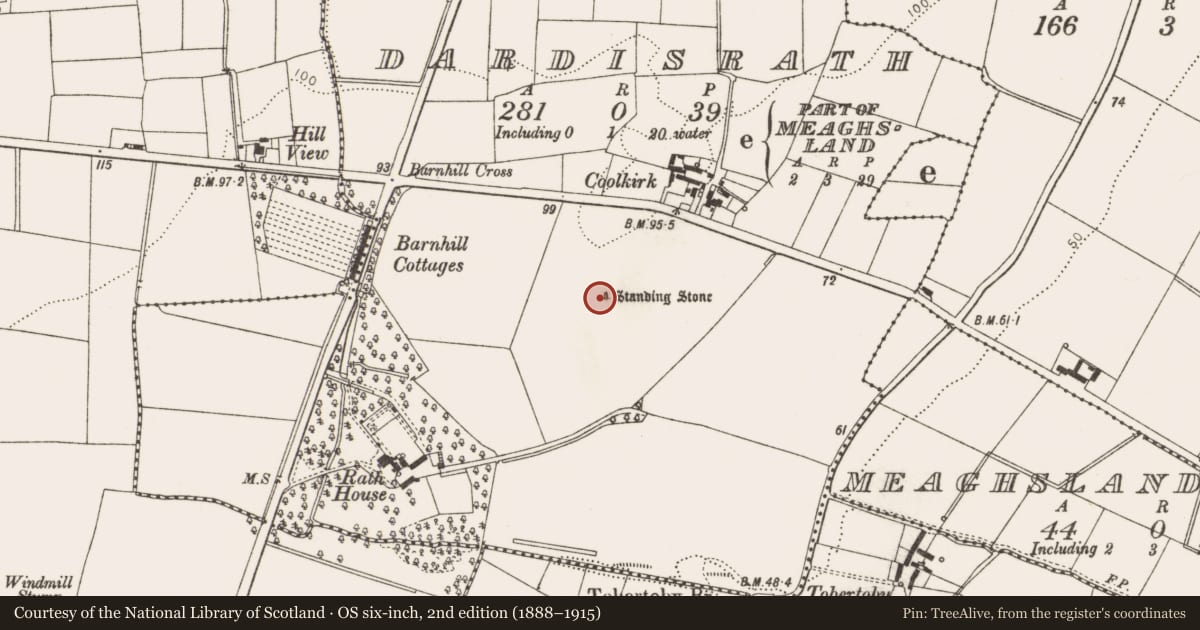 Ordnance Survey six-inch map, 2nd edition (1888–1915) covering the location of Standing stone, Dardisrath, County Louth, with a pin at the register's coordinates