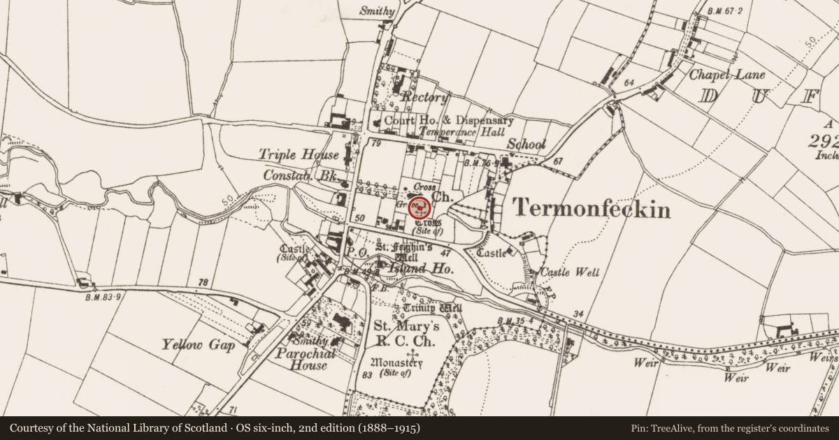 Ordnance Survey six-inch map, 2nd edition (1888–1915) covering the location of Graveyard, Termonfeckin, County Louth, with a pin at the register's coordinates