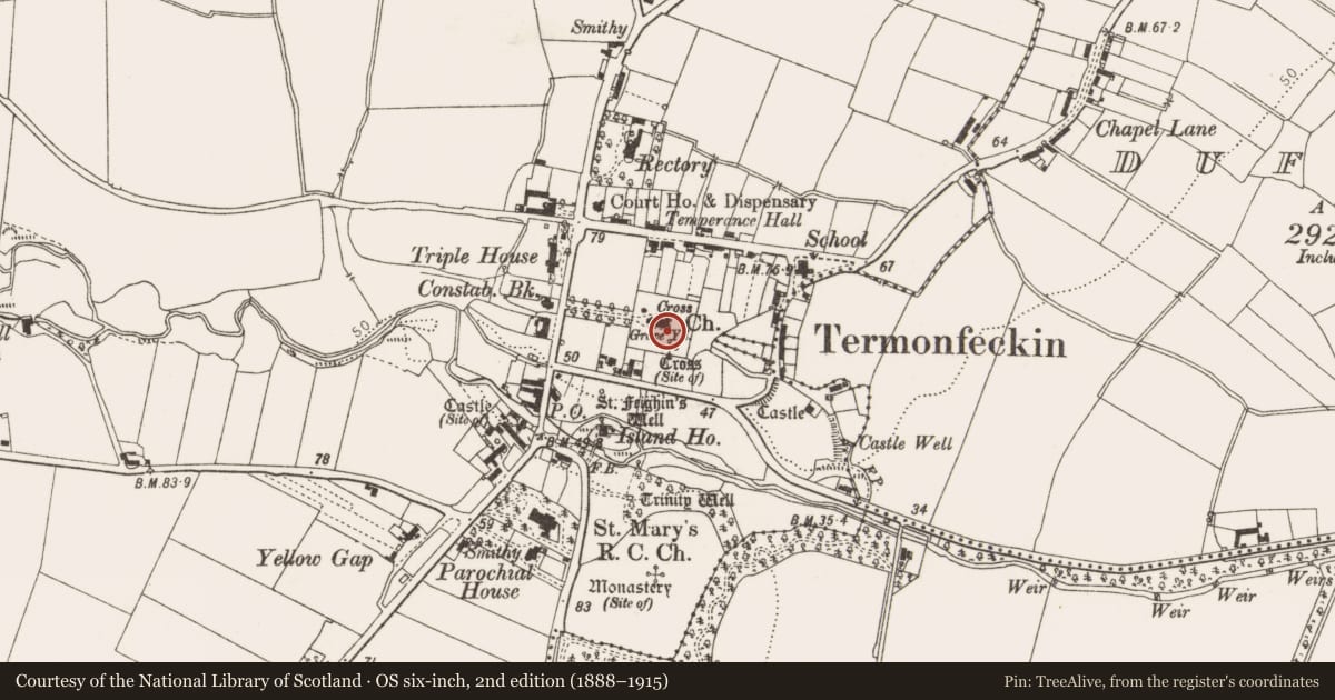 Ordnance Survey six-inch map, 2nd edition (1888–1915) covering the location of Church, Termonfeckin, County Louth, with a pin at the register's coordinates
