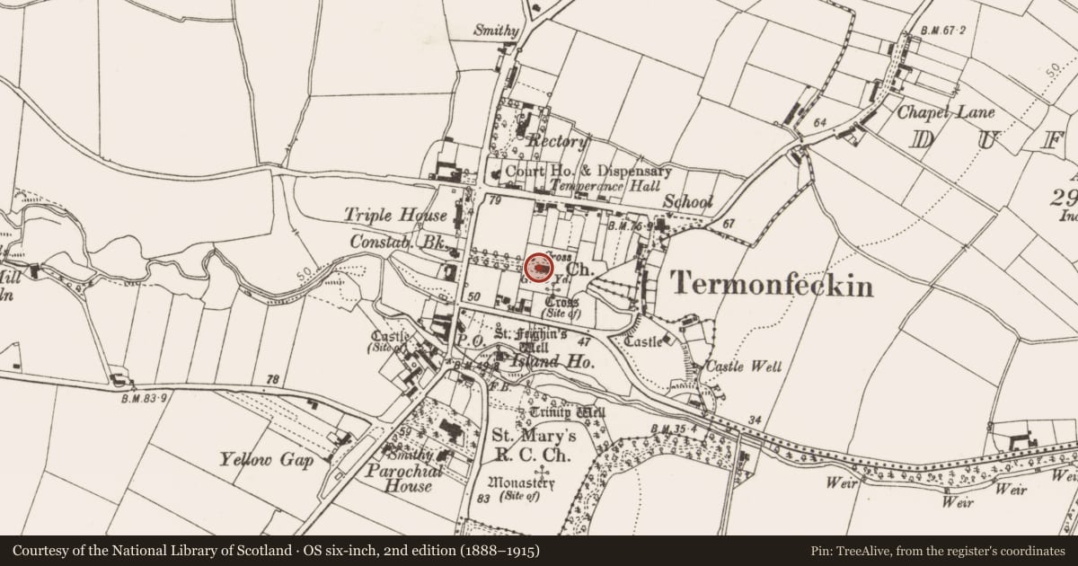 Ordnance Survey six-inch map, 2nd edition (1888–1915) covering the location of Cross, Termonfeckin, County Louth, with a pin at the register's coordinates