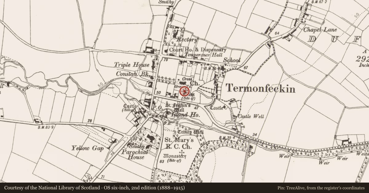 Ordnance Survey six-inch map, 2nd edition (1888–1915) covering the location of Memorial stone, Termonfeckin, County Louth, with a pin at the register's coordinates