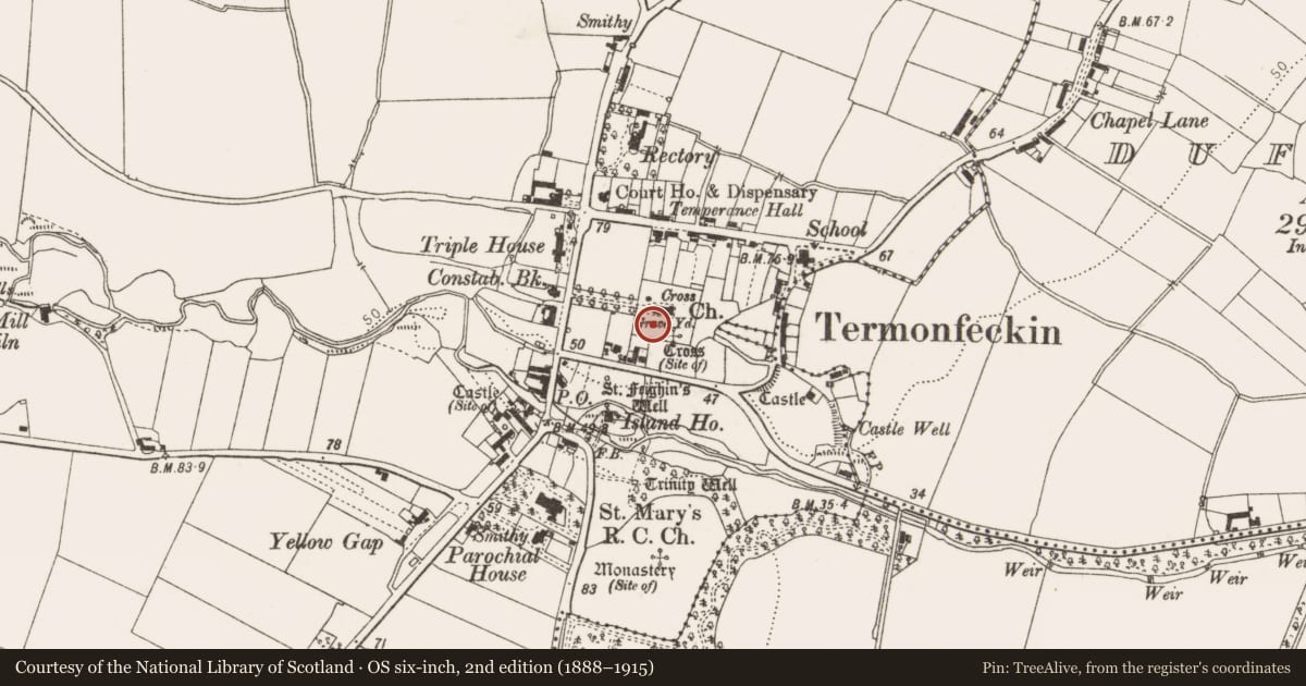 Ordnance Survey six-inch map, 2nd edition (1888–1915) covering the location of Souterrain, Termonfeckin, County Louth, with a pin at the register's coordinates