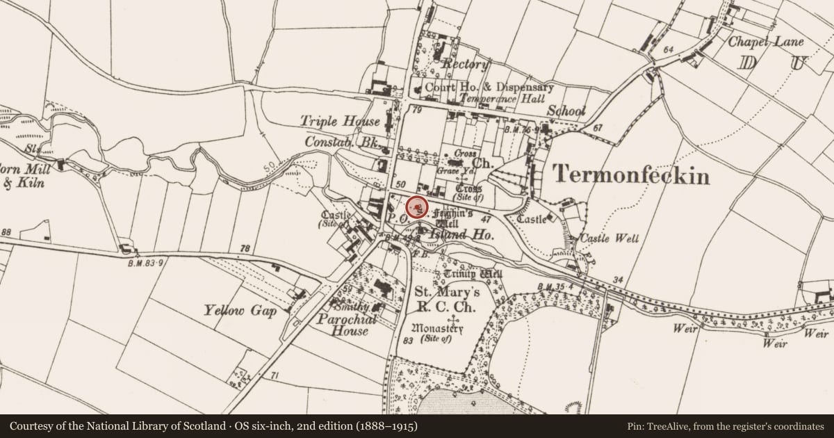 Ordnance Survey six-inch map, 2nd edition (1888–1915) covering the location of Ritual site - holy well, Termonfeckin, County Louth, with a pin at the register's coordinates