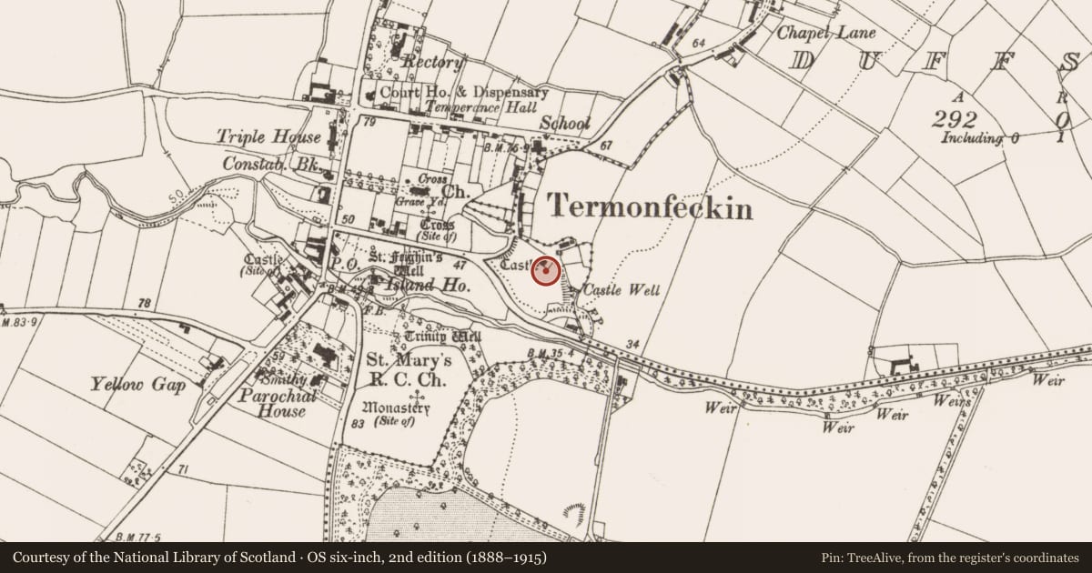Ordnance Survey six-inch map, 2nd edition (1888–1915) covering the location of Castle - tower house, Termonfeckin, County Louth, with a pin at the register's coordinates