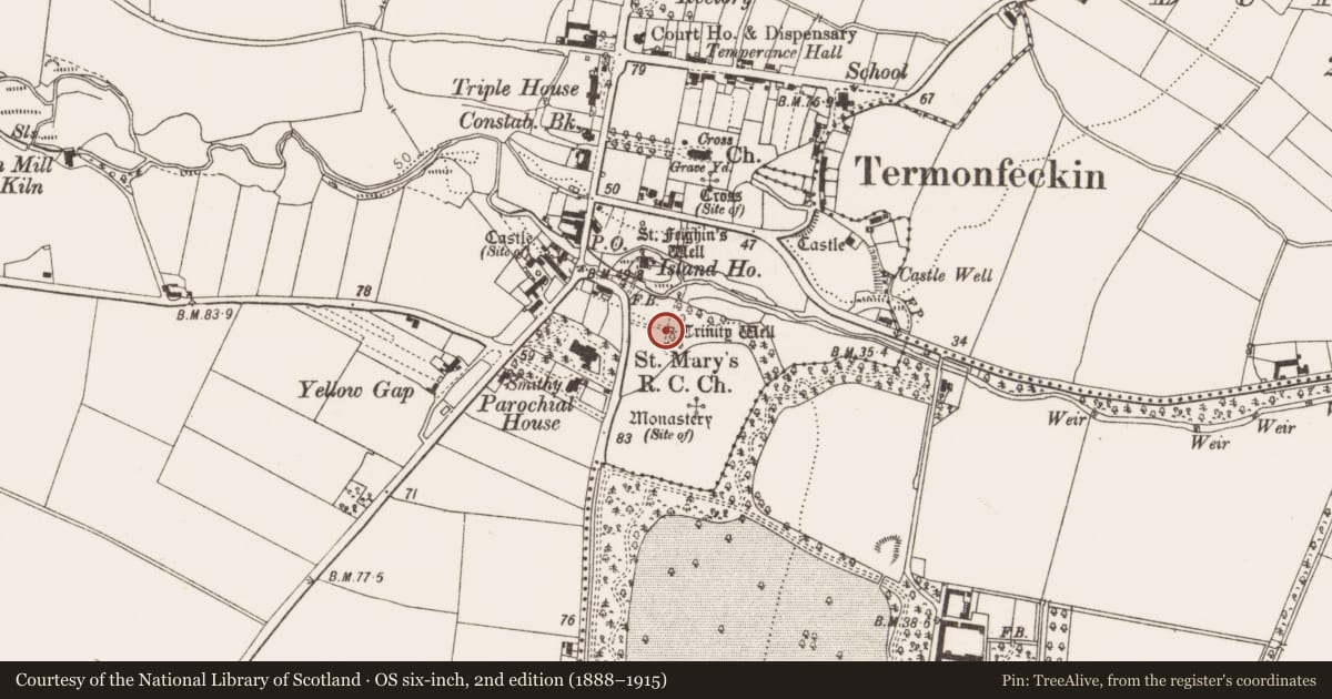 Ordnance Survey six-inch map, 2nd edition (1888–1915) covering the location of Ritual site - holy well, Termonfeckin, County Louth, with a pin at the register's coordinates