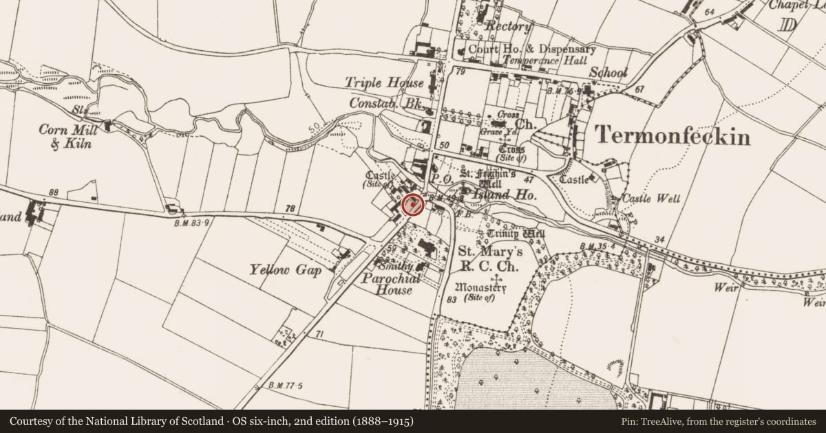 Ordnance Survey six-inch map, 2nd edition (1888–1915) covering the location of Ecclesiastical site, Termonfeckin, County Louth, with a pin at the register's coordinates