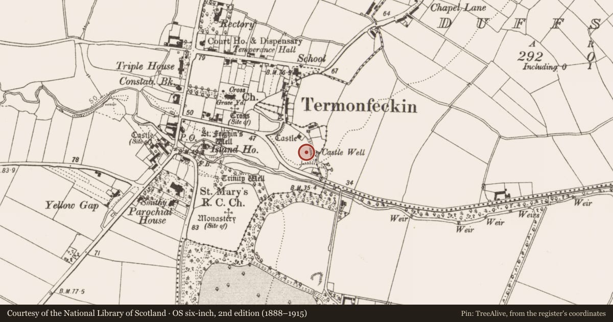 Ordnance Survey six-inch map, 2nd edition (1888–1915) covering the location of Ritual site - holy well, Termonfeckin, County Louth, with a pin at the register's coordinates
