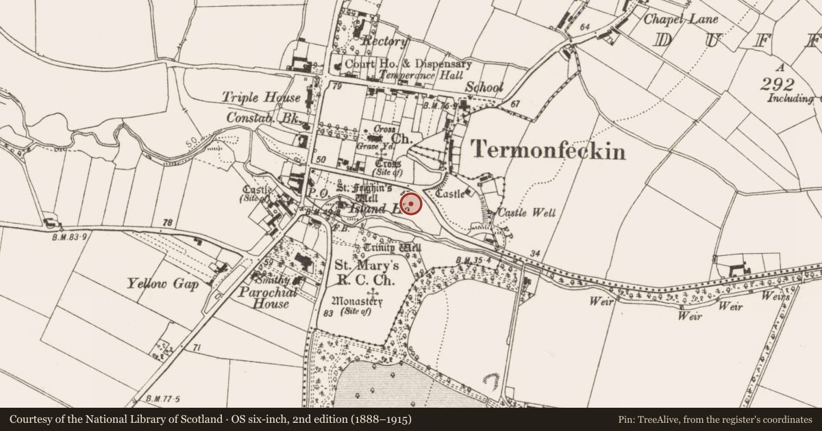 Ordnance Survey six-inch map, 2nd edition (1888–1915) covering the location of Fulacht fia, Termonfeckin, County Louth, with a pin at the register's coordinates