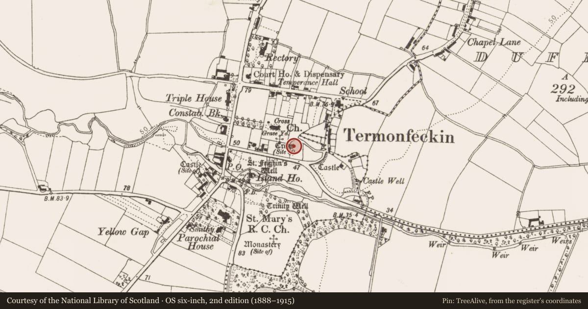 Ordnance Survey six-inch map, 2nd edition (1888–1915) covering the location of Excavation - miscellaneous, Termonfeckin, County Louth, with a pin at the register's coordinates