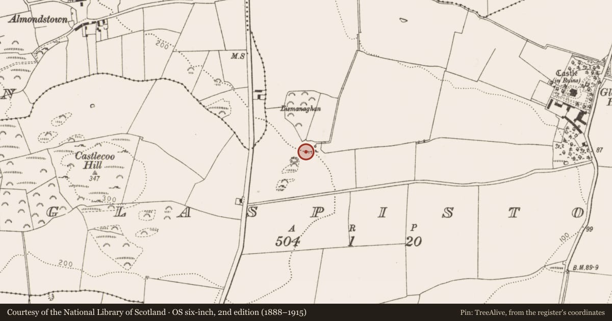 Ordnance Survey six-inch map, 2nd edition (1888–1915) covering the location of Souterrain, Glaspistol, County Louth, with a pin at the register's coordinates