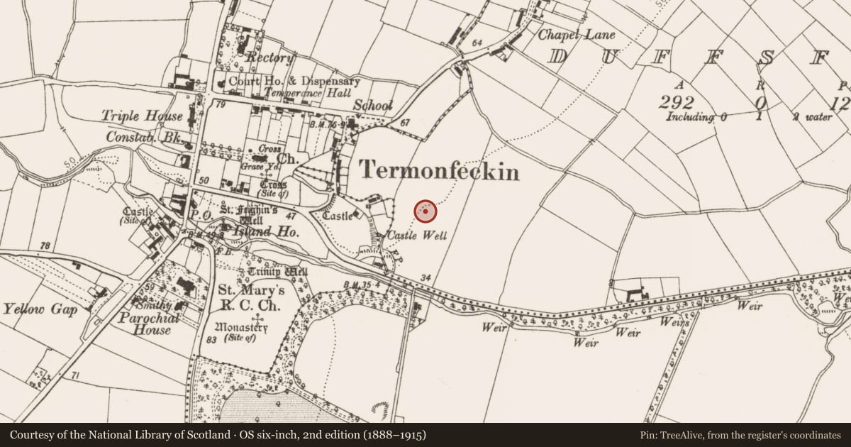 Ordnance Survey six-inch map, 2nd edition (1888–1915) covering the location of Habitation site, Duffsfarm, County Louth, with a pin at the register's coordinates