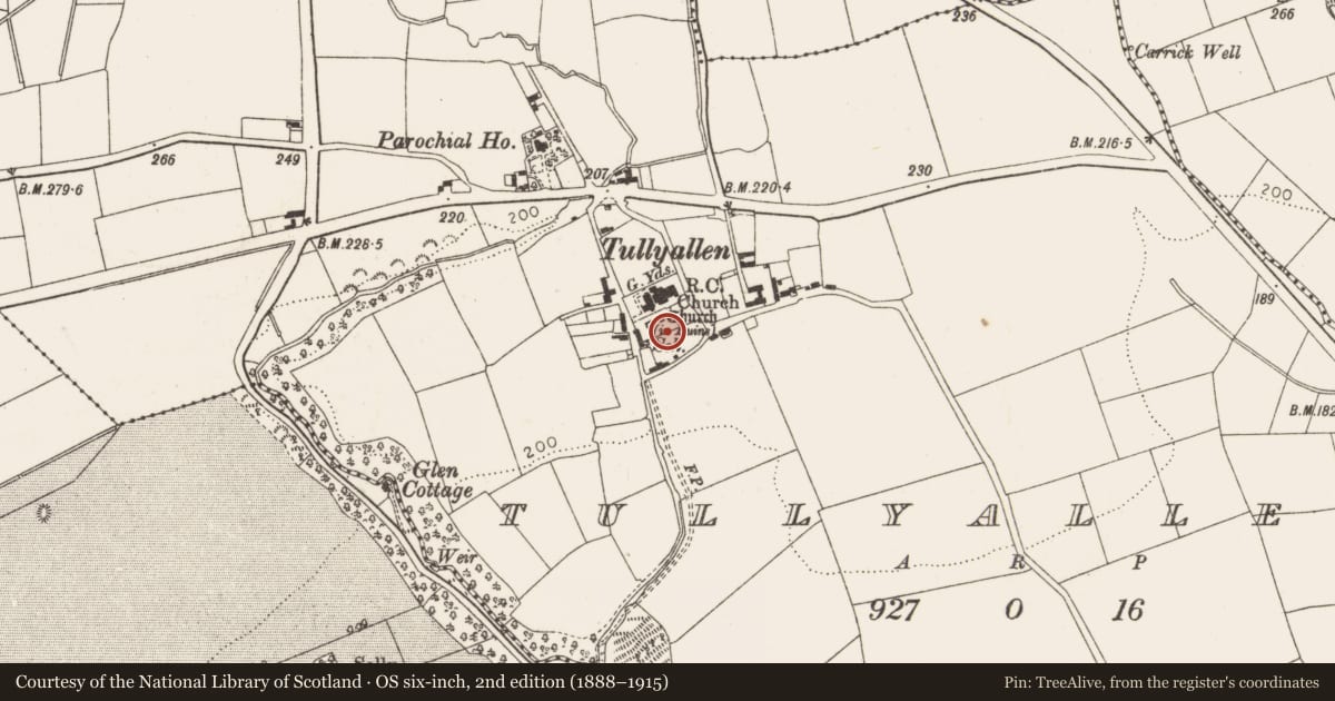 Ordnance Survey six-inch map, 2nd edition (1888–1915) covering the location of Graveyard, Tullyallen, County Louth, with a pin at the register's coordinates