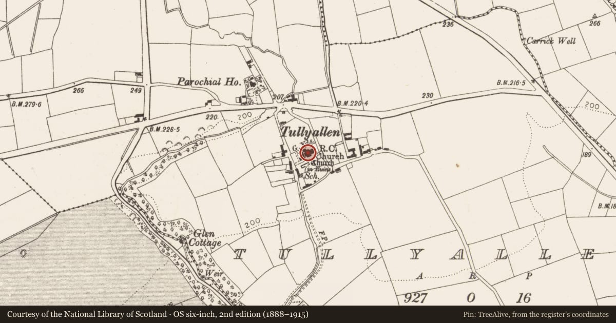 Ordnance Survey six-inch map, 2nd edition (1888–1915) covering the location of Architectural fragment, Tullyallen, County Louth, with a pin at the register's coordinates