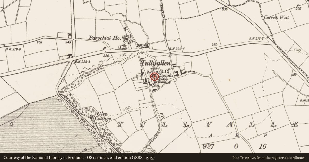 Ordnance Survey six-inch map, 2nd edition (1888–1915) covering the location of Architectural fragment, Tullyallen, County Louth, with a pin at the register's coordinates