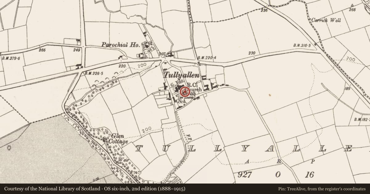 Ordnance Survey six-inch map, 2nd edition (1888–1915) covering the location of Architectural fragment, Tullyallen, County Louth, with a pin at the register's coordinates