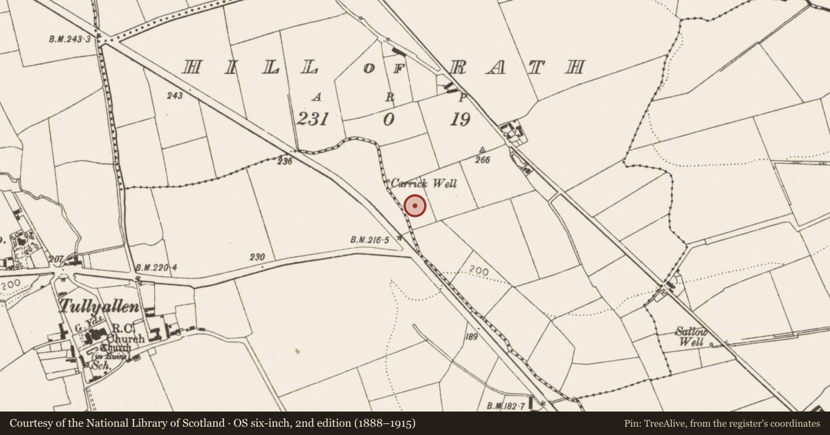 Ordnance Survey six-inch map, 2nd edition (1888–1915) covering the location of Burial ground, Hill of Rath, County Louth, with a pin at the register's coordinates