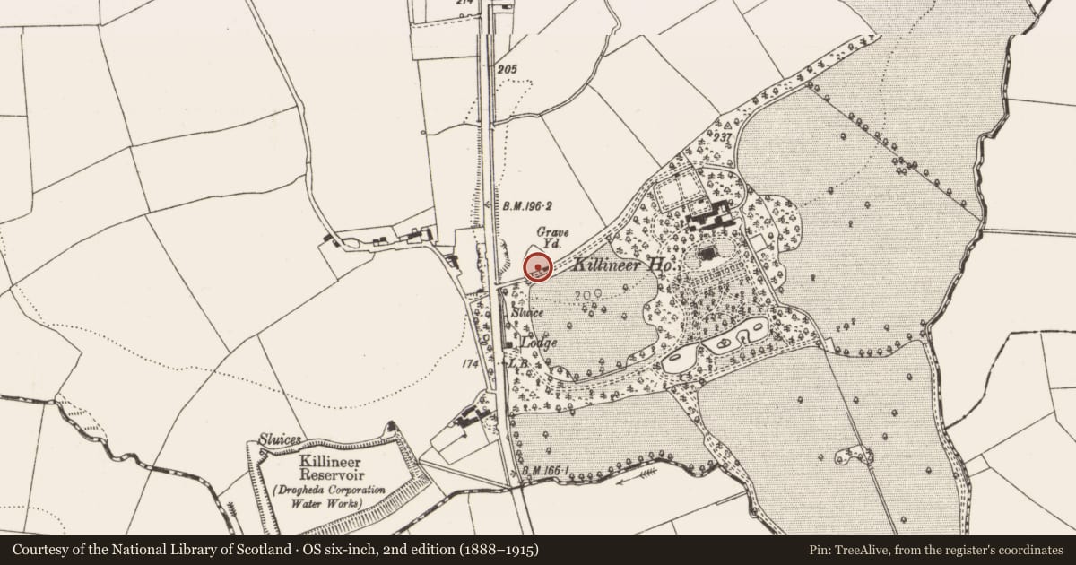 Ordnance Survey six-inch map, 2nd edition (1888–1915) covering the location of Church, Killineer, County Louth, with a pin at the register's coordinates