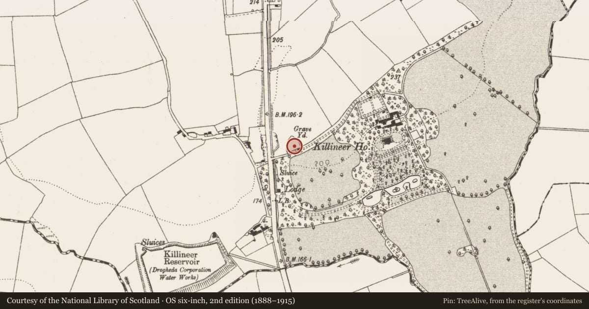 Ordnance Survey six-inch map, 2nd edition (1888–1915) covering the location of Graveyard, Killineer, County Louth, with a pin at the register's coordinates