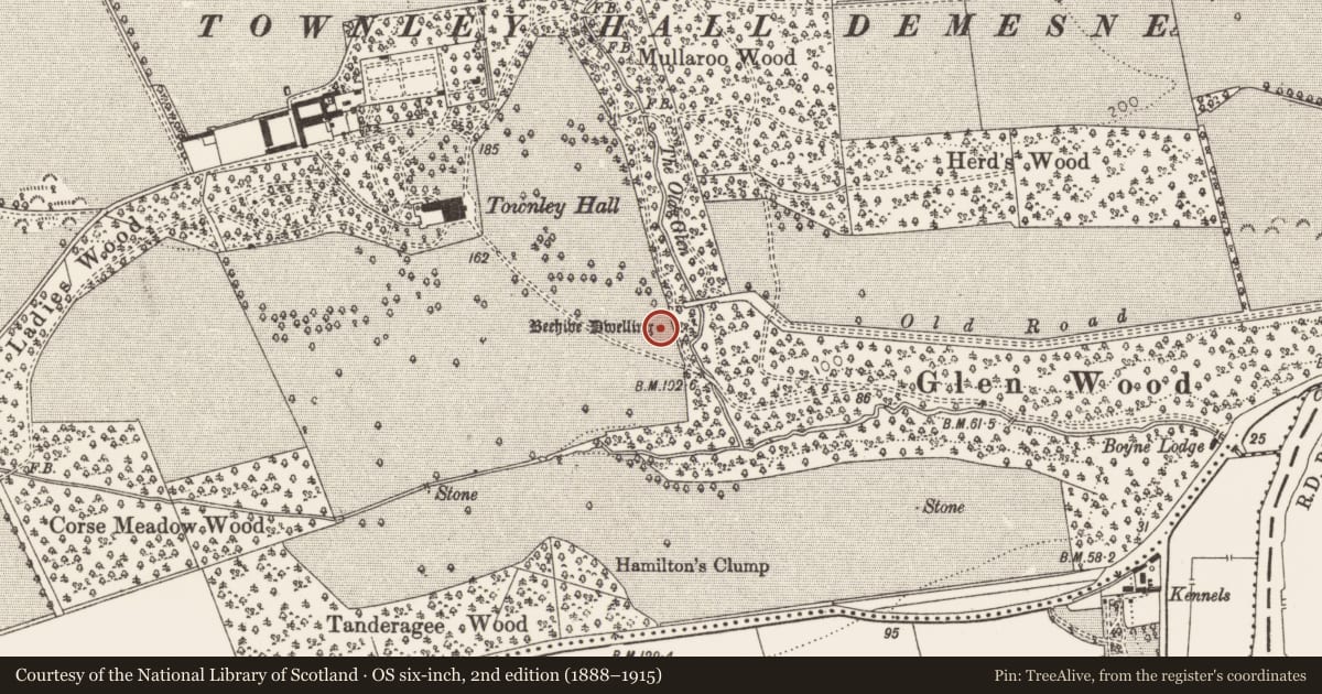 Ordnance Survey six-inch map, 2nd edition (1888–1915) covering the location of Souterrain, Townleyhall, County Louth, with a pin at the register's coordinates