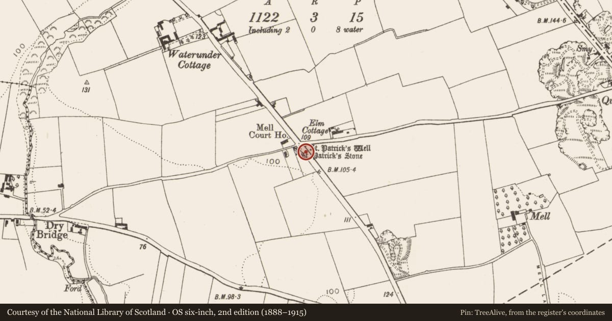 Ordnance Survey six-inch map, 2nd edition (1888–1915) covering the location of Ritual site - holy well, Mell, County Louth, with a pin at the register's coordinates