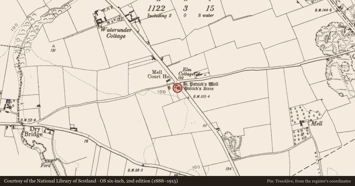 Ordnance Survey six-inch map, 2nd edition (1888–1915) covering the location of Ritual site - holy/saint's stone, Mell, County Louth, with a pin at the register's coordinates