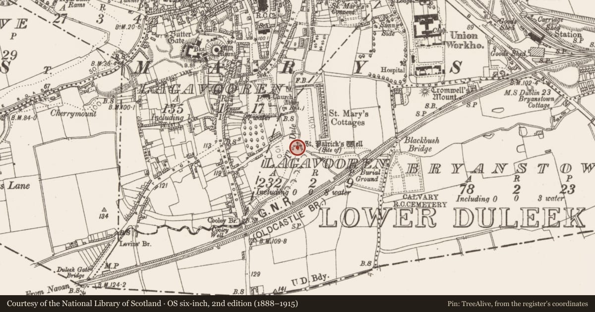 Ordnance Survey six-inch map, 2nd edition (1888–1915) covering the location of Ritual site - holy well, Lagavooren, County Louth, with a pin at the register's coordinates