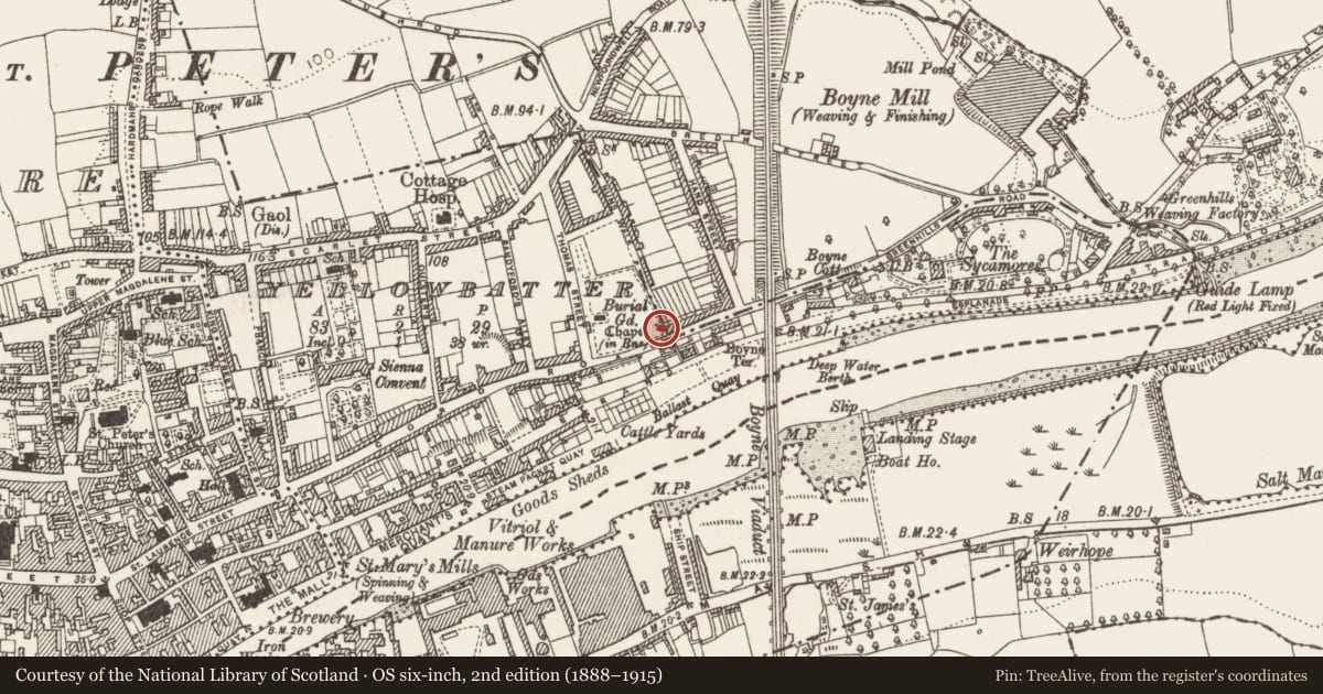 Ordnance Survey six-inch map, 2nd edition (1888–1915) covering the location of Church, Yellowbatter, County Louth, with a pin at the register's coordinates
