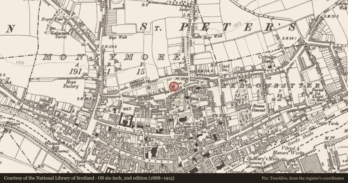 Ordnance Survey six-inch map, 2nd edition (1888–1915) covering the location of Religious house - Dominican friars, Moneymore, County Louth, with a pin at the register's coordinates