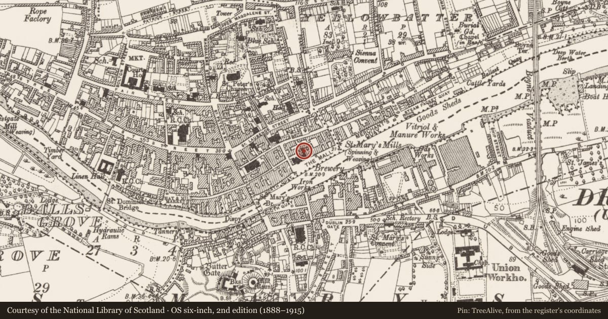 Ordnance Survey six-inch map, 2nd edition (1888–1915) covering the location of Religious house - Franciscan friars, Moneymore, County Louth, with a pin at the register's coordinates