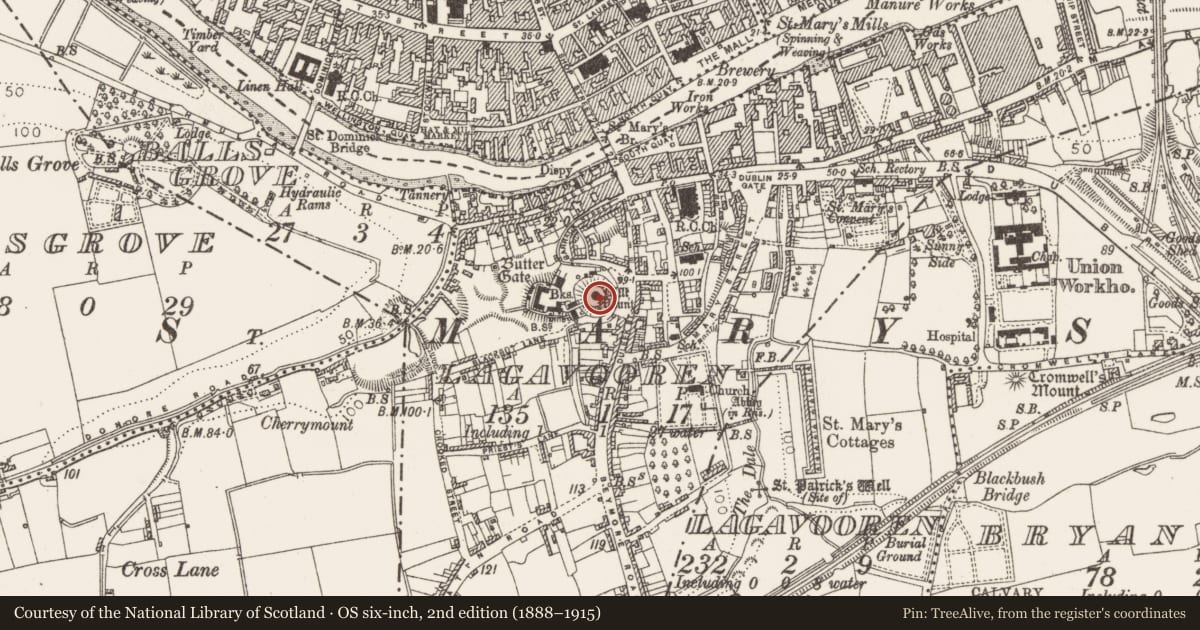 Ordnance Survey six-inch map, 2nd edition (1888–1915) covering the location of Castle - motte and bailey, Lagavooren, County Louth, with a pin at the register's coordinates