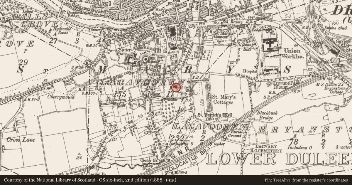 Ordnance Survey six-inch map, 2nd edition (1888–1915) covering the location of Church, Lagavooren, County Louth, with a pin at the register's coordinates