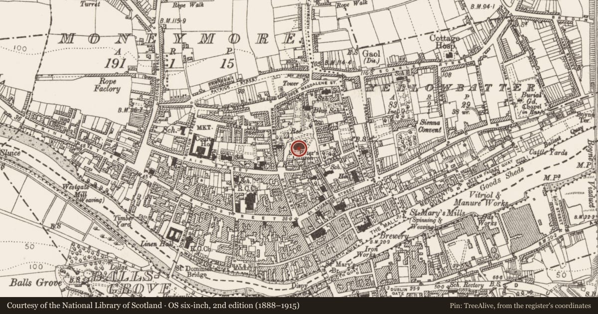 Ordnance Survey six-inch map, 2nd edition (1888–1915) covering the location of Font, Moneymore, County Louth, with a pin at the register's coordinates