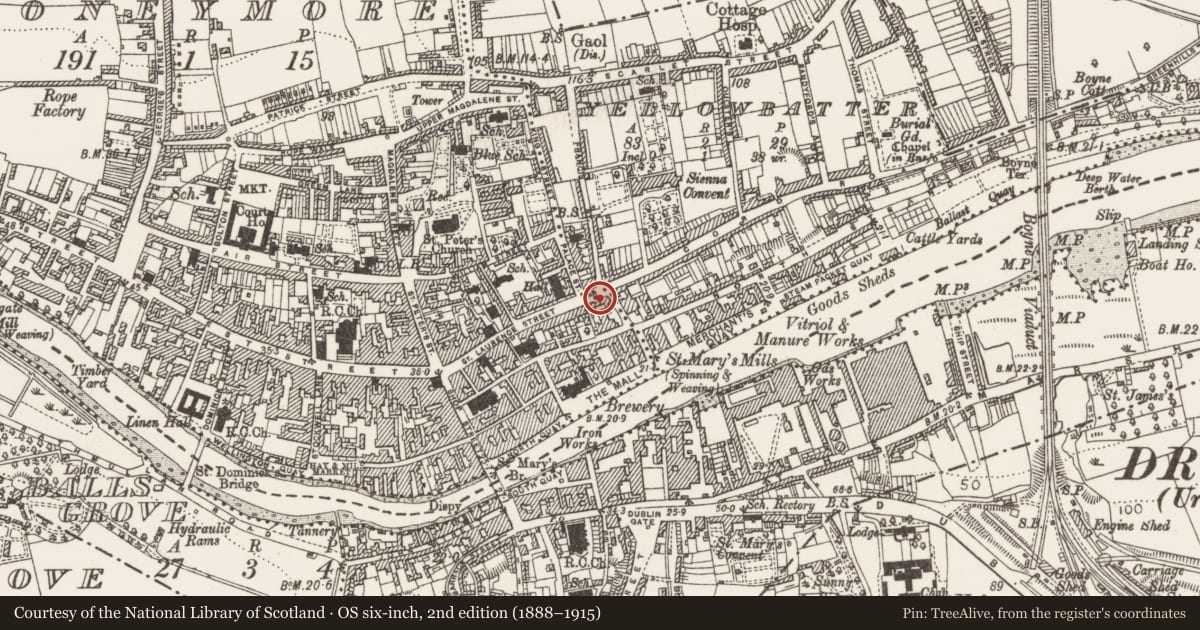 Ordnance Survey six-inch map, 2nd edition (1888–1915) covering the location of Town defences, Lagavooren, Moneymore, County Louth, with a pin at the register's coordinates