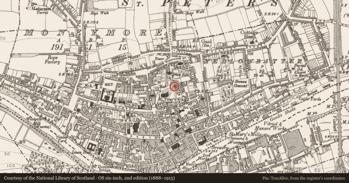 Ordnance Survey six-inch map, 2nd edition (1888–1915) covering the location of Tomb - effigial, Moneymore, County Louth, with a pin at the register's coordinates