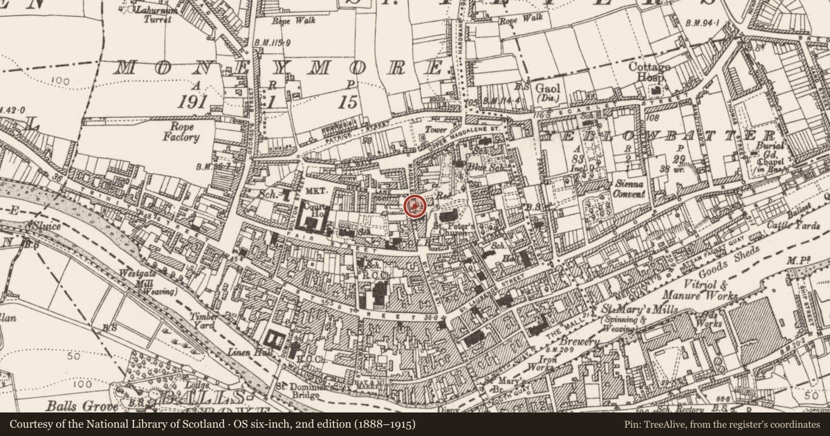 Ordnance Survey six-inch map, 2nd edition (1888–1915) covering the location of Kiln - pottery, Moneymore, County Louth, with a pin at the register's coordinates