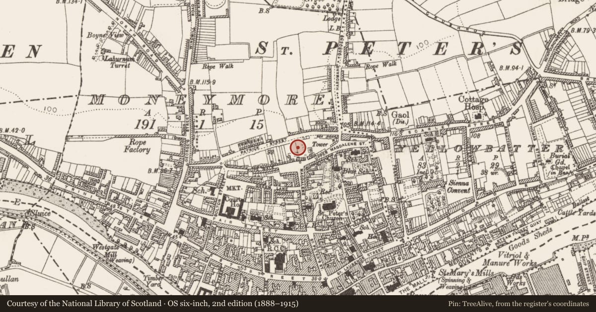 Ordnance Survey six-inch map, 2nd edition (1888–1915) covering the location of Kiln - tile, Moneymore, County Louth, with a pin at the register's coordinates