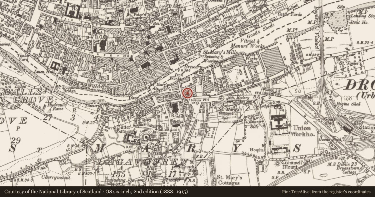 Ordnance Survey six-inch map, 2nd edition (1888–1915) covering the location of Kiln - lime, Lagavooren, County Louth, with a pin at the register's coordinates