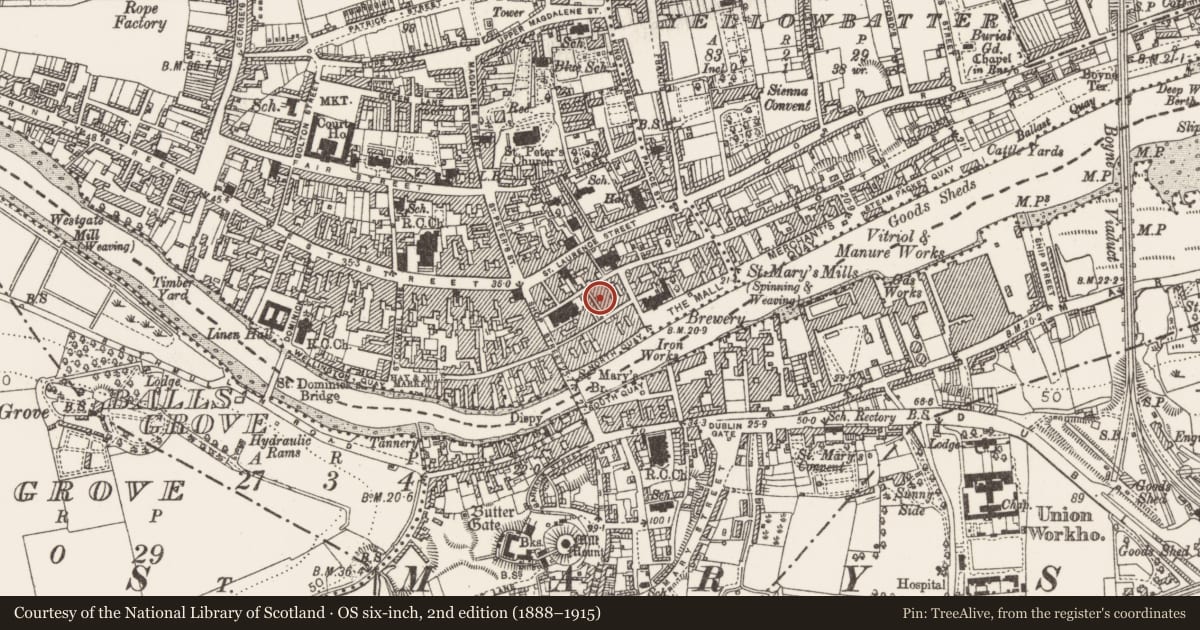 Ordnance Survey six-inch map, 2nd edition (1888–1915) covering the location of House - medieval, Moneymore, County Louth, with a pin at the register's coordinates