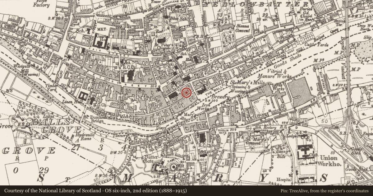 Ordnance Survey six-inch map, 2nd edition (1888–1915) covering the location of Well, Moneymore, County Louth, with a pin at the register's coordinates