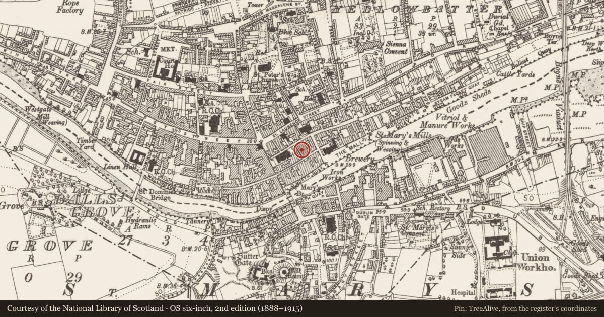 Ordnance Survey six-inch map, 2nd edition (1888–1915) covering the location of Kiln, Moneymore, County Louth, with a pin at the register's coordinates