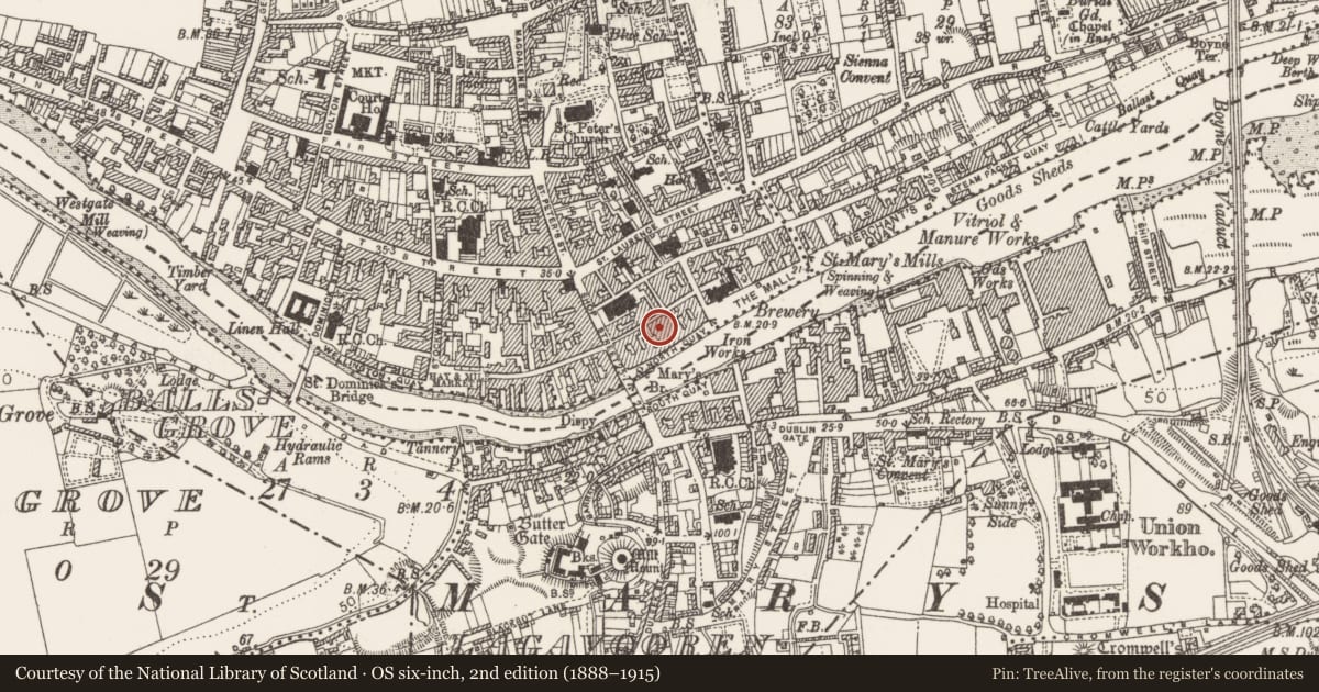 Ordnance Survey six-inch map, 2nd edition (1888–1915) covering the location of Building, Moneymore, County Louth, with a pin at the register's coordinates